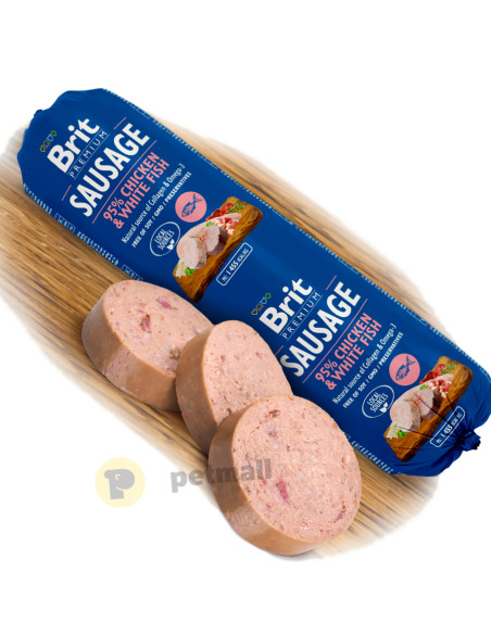 Деликатесен салам за кучета Brit Sausage Chicken - White Fish – с 87- свежо пилешко месо и 8- бяла риба 800 гр.