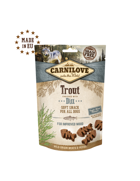 Полувлажни лакомства за куче Carnilove Semi-Moist Snack Trout enriched with Dill cъс 35- Пъстърва, обогатени с копър, БЕЗ ЗЪР