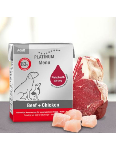 Мокра храна за кучета Platinum Menu Adult Beef + Chicken с 48- Прясно пилешко месо, 35- Прясно Телешко месо и зеленчуци