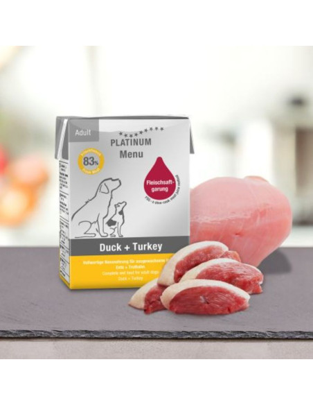 Мокра храна за кучета Platinum Menu Adult Duck + Turkey с 42- Прясно патешко месо, 41- Прясно пуешко месо и зеленчуци