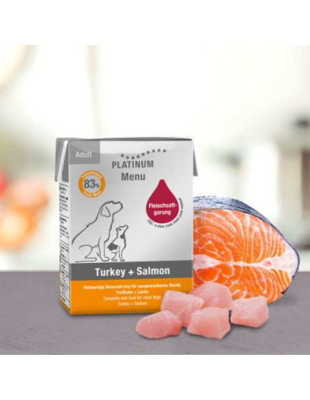 Мокра храна за кучета Platinum Menu Adult Turkey + Salmon с 63- Прясно пуешко месо, 20- Прясна сьомга и зеленчуци