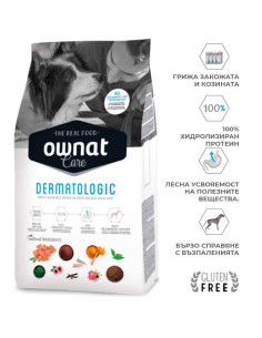 Профилактична храна Ownat Care Dermatologic – за кучета с алергии и кожни проблеми, с хидролизиран протеин от сьомга и крил, 