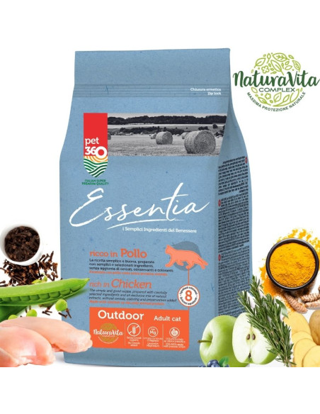 Супер премиум храна за котки Essentia OUTDOOR, БЕЗ ЗЪРНО, със 77- протеин от прясно пилешко месо + куркума и розмарин, за кот