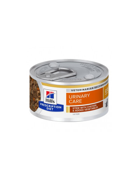 Пълноценна консервирана храна за котки Hills Prescription Diet Stew задушено с Пилешко месо и зеленчуци- при струвитни, калци