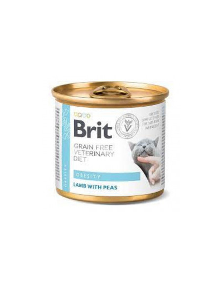 Пълноценна, консервирана храна Brit Veterinary Diets Cat Obesity за котки с наднормено тегло с Агнешко месо и грах, БЕЗ ЗЪРНЕ