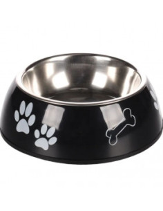 Метална купа за куче Flamingo DIVAR PAW PRINT BLACK - с черна пластмасова поставка