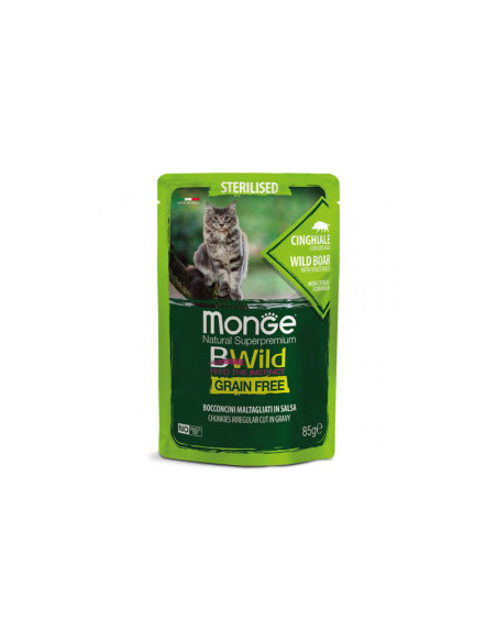 Monge BWILD Grain Free Sterilised с глиганско и зеленчуци – пауч с хапки в сос, без зърнени храни – за кастрирани котки 85 гр
