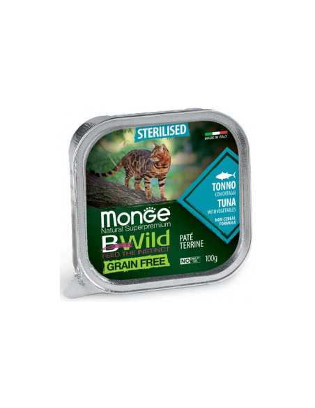Monge BWILD Grain Free Sterilised с риба тон и зеленчуци – пастет терин без зърнени храни – за кастрирани котки в зряла възра