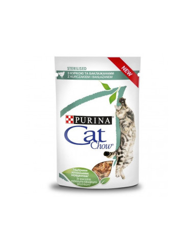 Purina Cat Chow Sterilised - с пилешко месо и патладжан, хапки в сос, за кастрирани котки 85 гр.