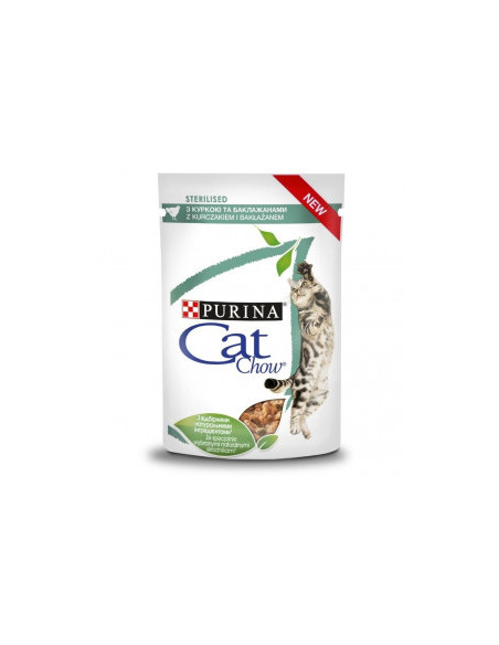 Purina Cat Chow Sterilised - с пилешко месо и патладжан, хапки в сос, за кастрирани котки 85 гр.