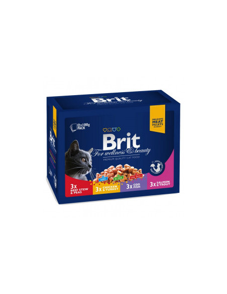 Brit Cat Premium Pouches Plate Family - 12х100гр паучове за котки с различни вкусове