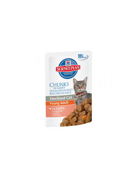 Hills Science Plan Feline Young Adult Sterilised Pouches Salmon - Паучове със сьомга, малки късчета в сос Грейви, за кастрира