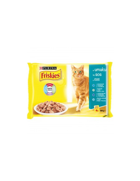Мултиопаковка Хапки в сос в пауч за котки Purina Friskies Сьомга, Риба Тон, Треска и Сардина 4х85 гр.