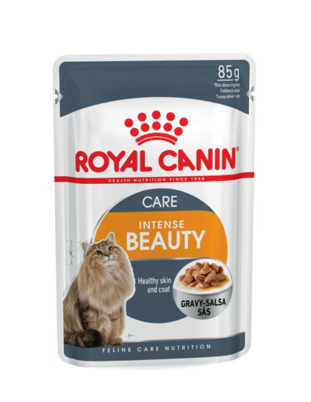 Пауч за здрава кожа и красива козина Royal Canin Intense Beauty - пълноценна храна за пораснали котки, късчета месо в апетитн