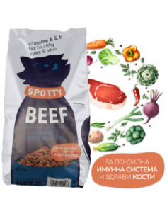 Пълноценна суха храна за котки SPOTTY с телешко месо, за по-силна имунна система и здрави кости, с добавен таурин