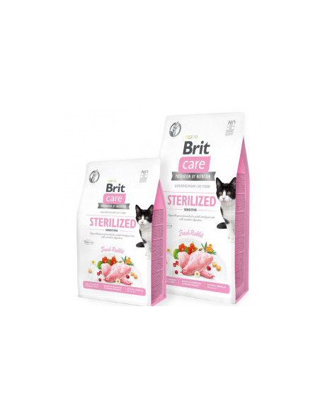 Пълноценна суха храна за кастрирани котки за добро храносмилане Brit Care Cat Grain-Free STERILIZED SENSITIVE със 26- заешко 