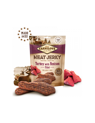 Carnilove Jerky Venison - Turkey Fillet - кучешки лакомства под формата на вкусни барчета, с пуешко и елен