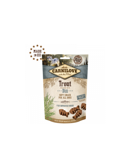 Полувлажни лакомства за куче Carnilove Semi-Moist Snack Trout enriched with Dill cъс 35- Пъстърва, обогатени с копър, БЕЗ ЗЪР
