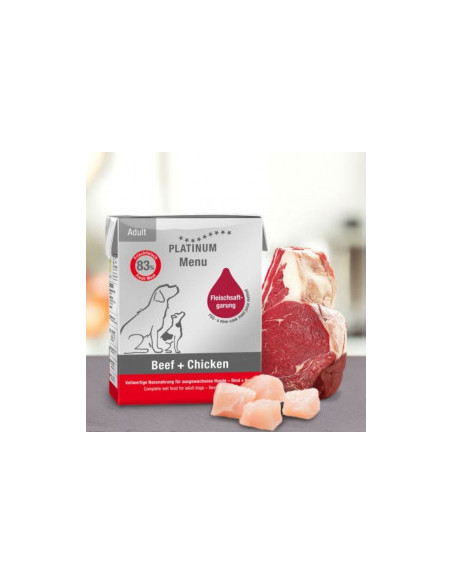 Мокра храна за кучета Platinum Menu Adult Beef + Chicken с 48- Прясно пилешко месо, 35- Прясно Телешко месо и зеленчуци