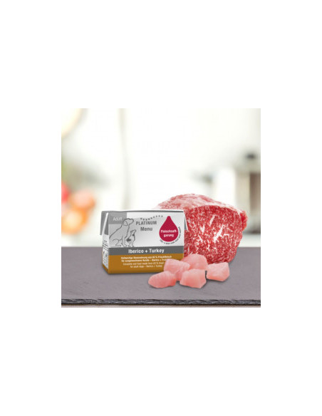 Мокра храна за кучета Platinum Menu Adult Iberico + Turkey с 42- Прясно пуешко месо, 35- Прясно свинско Иберико, 6- Прясно пи