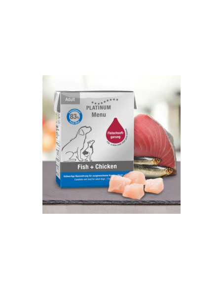 Мокра храна за кучета Platinum Menu Adult Fish + Chicken с 57- Прясно Пилешко месо, 26- Риба и зеленчуци