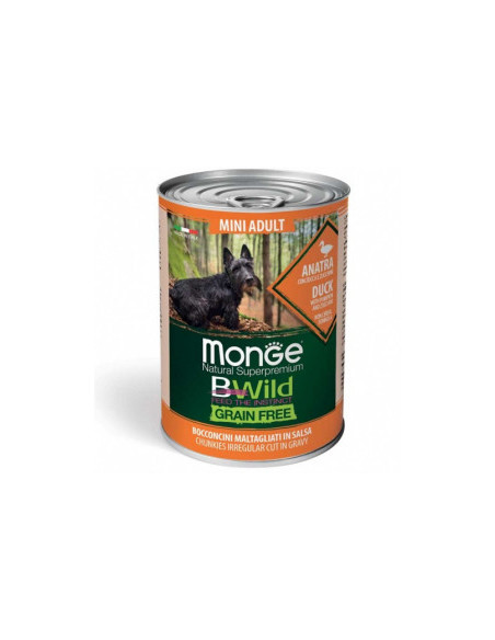 Monge BWILD Grain Free Mini Adult– хапки в сос с патешко, тиква и тиквички за кучета в зряла възраст от мини породи 400 гр.