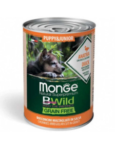 Monge BWILD Grain Free Puppy - Junior– хапки в сос с патешко, тиква и тиквички – за подрастващи кучета от всички породи 400 г