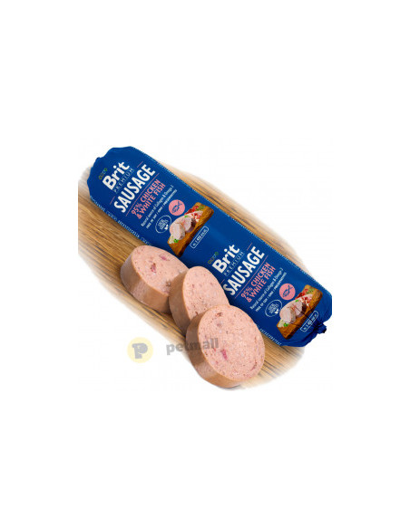 Деликатесен салам за кучета Brit Sausage Chicken - White Fish - с 87- свежо пилешко месо и 8- бяла риба 800 гр.