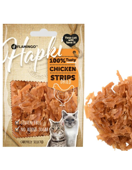 Лакомства за котки Flamingo Hapki Chicken strips изсушени пилешки ленти 50 гр.