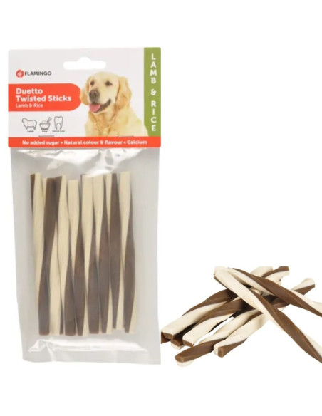 Лакомство за кучета Flamingo TWIST STICKS LAMB - RICE – засукани пръчици с агне и ориз 85 гр.