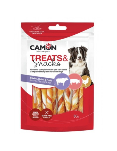 Camon Treats Snacks Twisted Sticks with Chicken - солета от телешка и свинска кожа, увита с пилешко месо 80 гр.