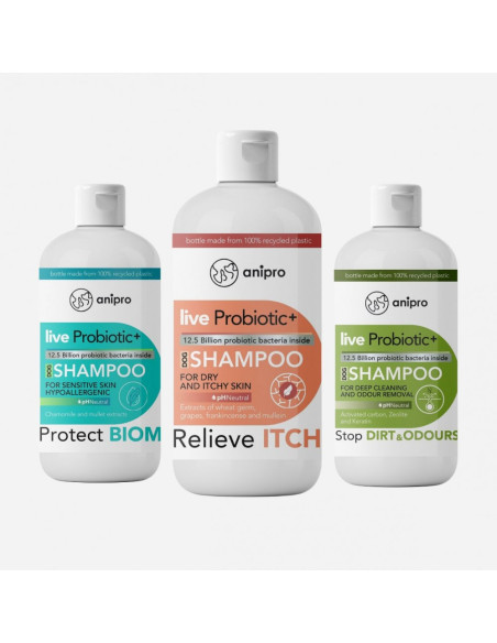 anipro Live Probiotic+ Stop Dirt - Odours - пробиотичен шампоан за кучета против миризми и упорити замърсявания, 250 мл + 3 м