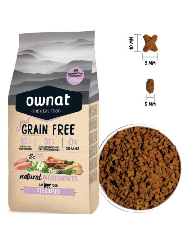 Натурална, пълноценна храна за кастрирани котки OWNAT just GF STERILIZED БЕЗ ЗЪРНО, с пилешко и свинско месо 400gr.