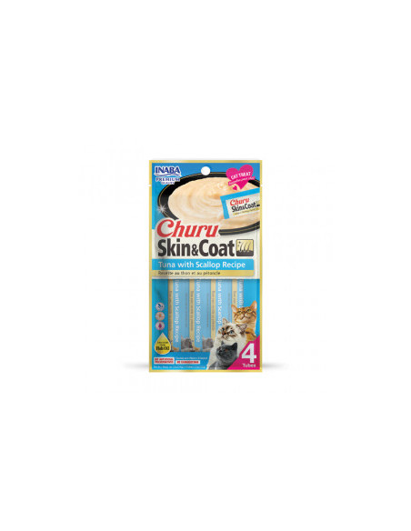 Кремообразно лакомство за капризни котки Churu Cat Treats Skin-Coat Tuna with Scallop Recipe мус от риба тон и миди 4×14гр.