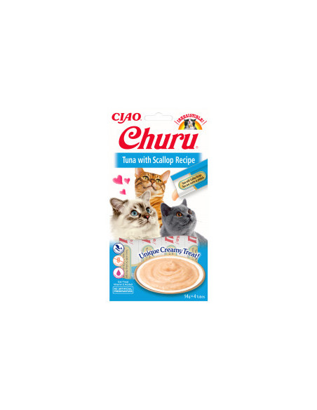 Кремообразно лакомство за капризни котки Churu Cat Treats Tuna with Scallop Recipe мус от риба тон с дълбоководни, океански м
