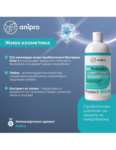 anipro Live Probiotic+ Protеct Biom - пробиотичен шампоан за кучета за защита на микробиома, 250 мл