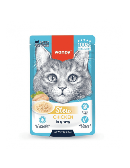 Wanpy Stew in gravy - пауч за котки, ароматно стю с пилешко месо в сос, 70 г / 10 бр. СТЕК