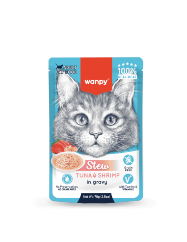 Wanpy Stew in gravy - пауч за котки, ароматно стю с риба тон и скариди в сос, 70 г / 10 бр. СТЕК