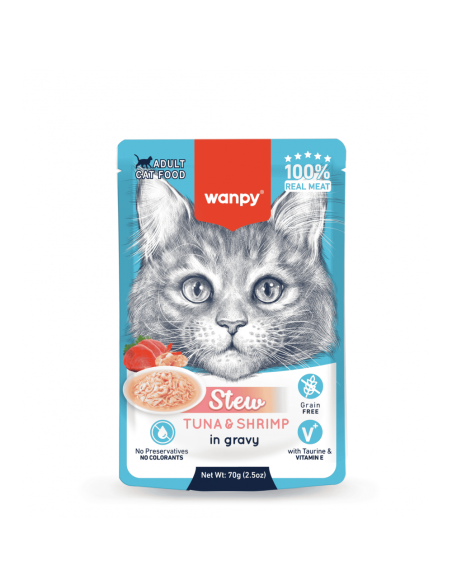 Wanpy Stew in gravy - пауч за котки, ароматно стю с риба тон и скариди в сос, 70 г / 10 бр. СТЕК
