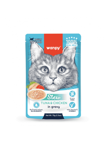 Wanpy Stew in gravy - пауч за котки, ароматно стю с риба тон и пилешко в сос, 70 г / 10 бр. СТЕК