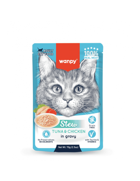 Wanpy Stew in gravy - пауч за котки, ароматно стю с риба тон и пилешко в сос, 70 г / 10 бр. СТЕК