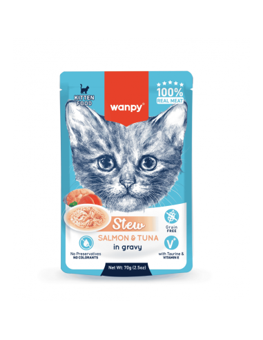 Wanpy Stew in gravy - пауч за малки котенца, ароматно стю със сьомга и риба тон, 70 г / 10 бр. СТЕК