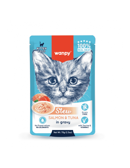 Wanpy Stew in gravy - пауч за малки котенца, ароматно стю със сьомга и риба тон, 70 г / 10 бр. СТЕК