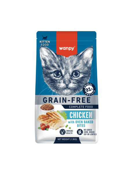 Wanpy Grain Free - суха храна за малки котенца с пилешко, без зърно, 1.5 кг