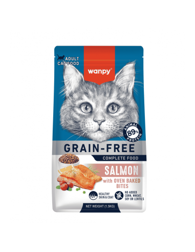 Wanpy Grain Free - суха храна за котки със сьомга, без зърно, 1.5 кг