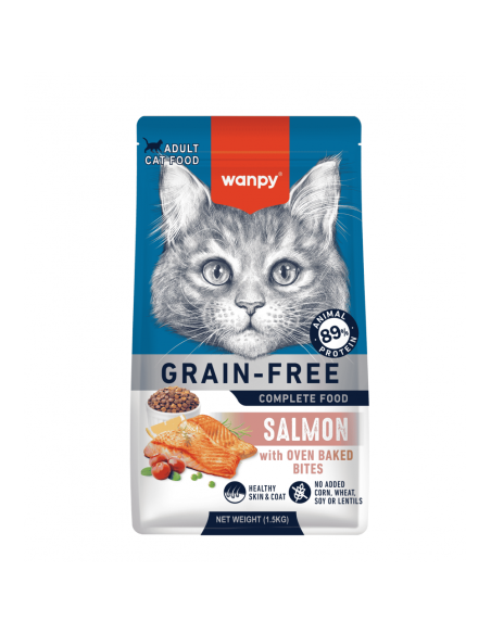 Wanpy Grain Free - суха храна за котки със сьомга, без зърно, 1.5 кг