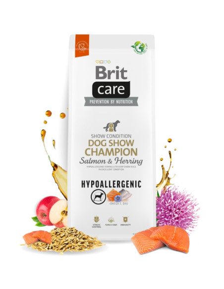 Супер премиум, хипоалергенна храна за кучета Brit Care Dog Hypoallergenic Dog Show Champion, със сьомга, херинга 1kg.
