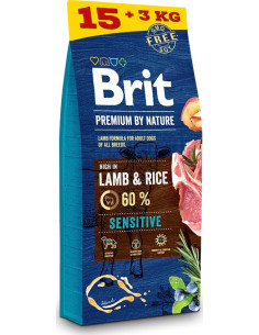Промо Суха храна за кучета 15 кг. + 3 кг. BRIT PREMIUM SENSITIVE LAMB - RICE BY NATURE