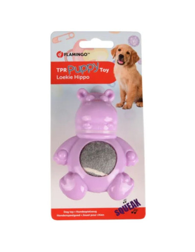 Гумена играчка Flamingo Toy Loekie с тенис топка за куче- Хипопотам лилав