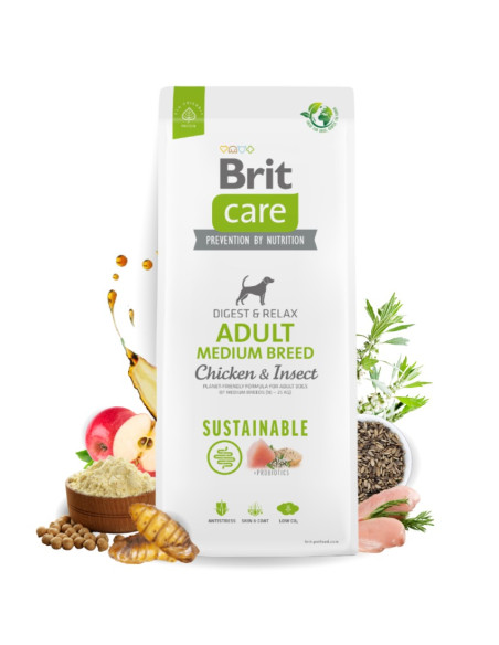 Brit Care Dog Sustainable Adult Medium Breed Chicken-Insect- Супер премиум суха храна за кучета от средните породи. С високоу